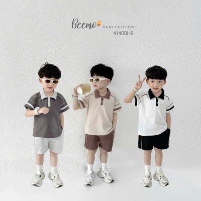 Set bộ cộc tay Beemo cổ polo phối tay vải cotton thoáng mát cho bé trai từ 9-24kg 4140BHB