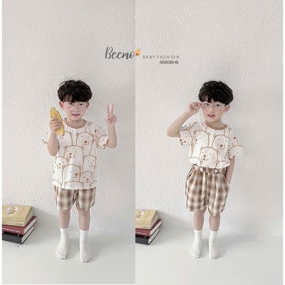Set in tràn cộc tay Beemo cổ tròn in tràn hình gấu vải thun co giãn cho bé trai từ 9-24kg 4660BHB