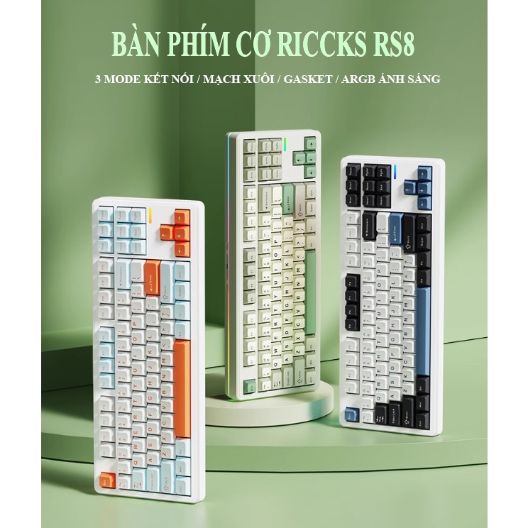 {SẴN HÀNG}Bàn phím cơ RICCKS RS8  3 MODE , HIFI Mạch Xuôi , led RGB , hotswap, QMK/VIA new 2025