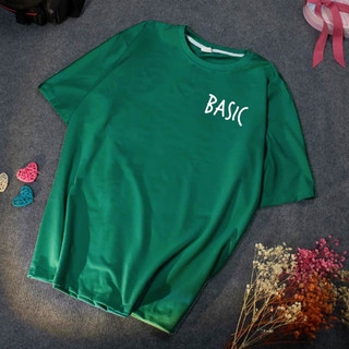 Áo Thun Nữ Tay Lỡ Màu Xanh Rêu In Logo Chữ BASIC