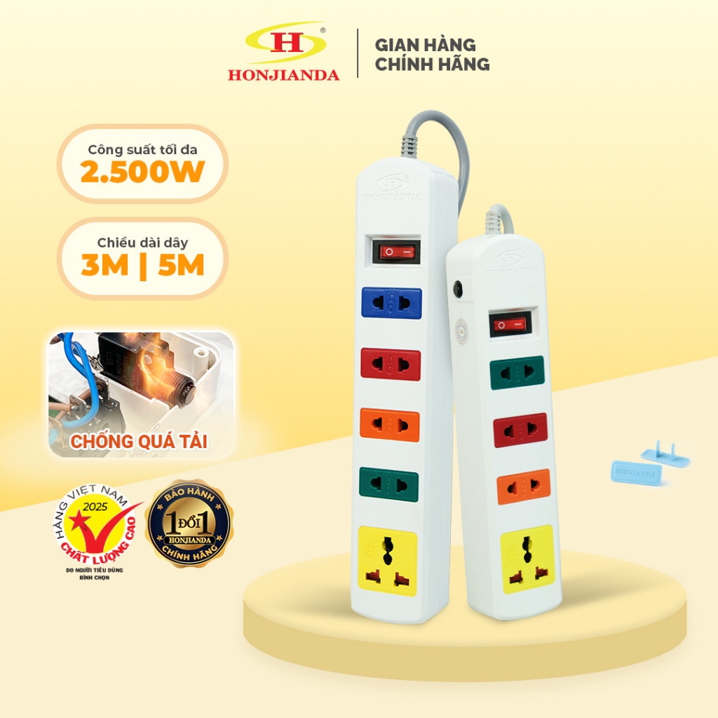 Ổ Cắm Điện Đa Năng Honjianda Mã 03 Dây 3m/5m - an toàn chống quá tải