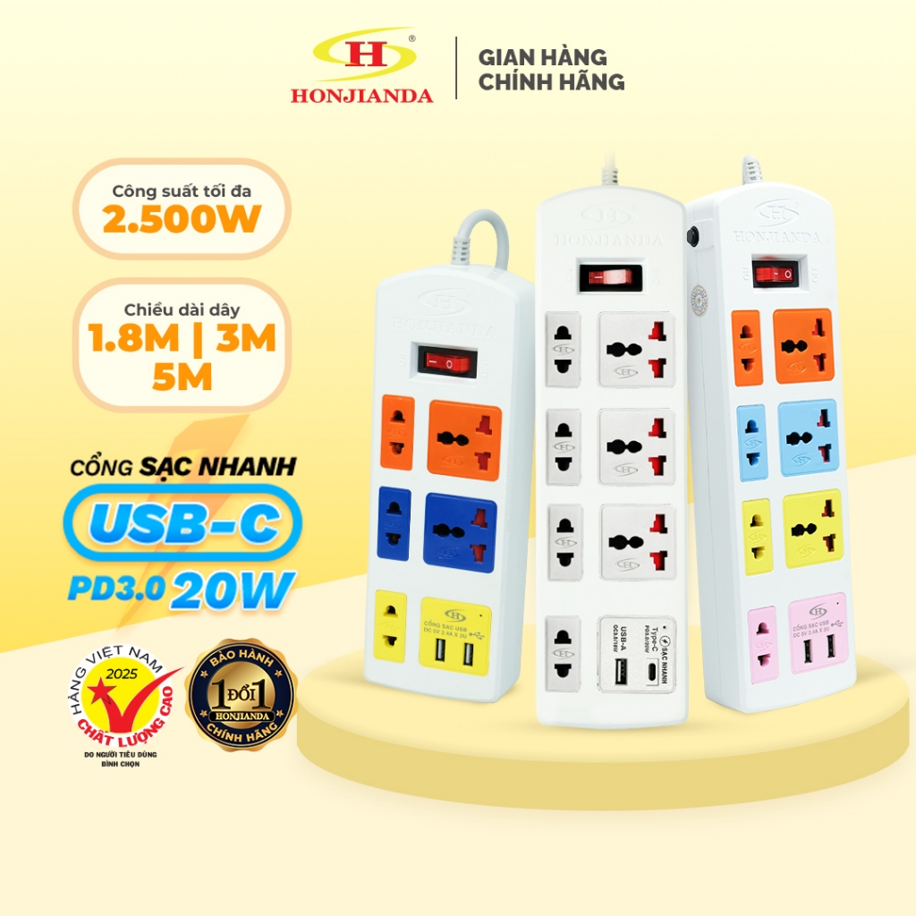 Ổ Cắm Điện Đa Năng Honjianda Sạc Nhanh Type - C Usb Pd20W Mã 04, 2 - 8 Lỗ Chịu Tải 2500W, Cầu Chì Tự Ngắt