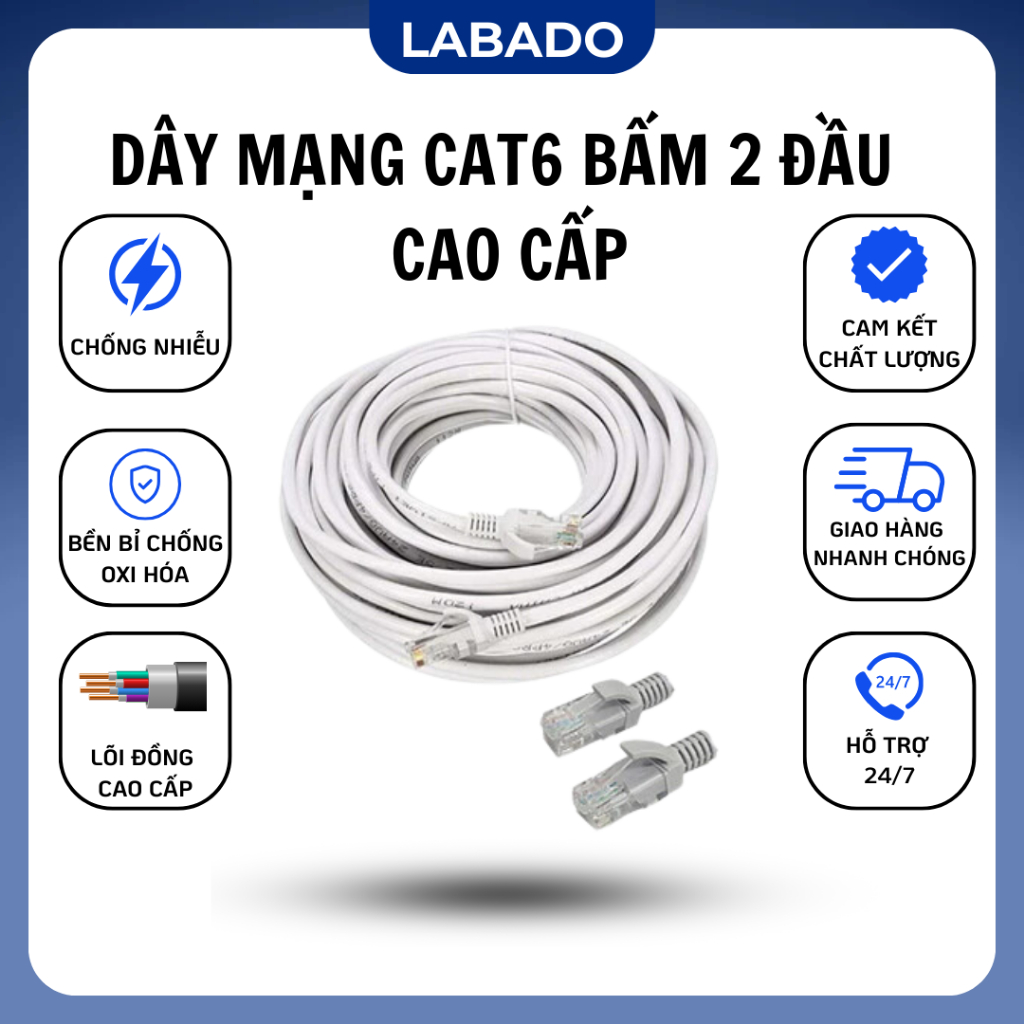 Dây mạng Cat6 bấm sẵn 2 đầu Cao Cấp , Tốc độ cao Wifi PC, Dây cáp mạng lan 5m 10m 15m 20m 25m 30m 35m LABADO CA6