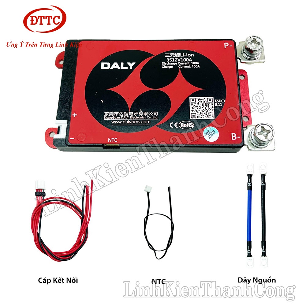 Mạch Bảo Vệ BMS 12V 3S 3.7V 100A Mẫu K + NTC + 2 Dây Nguồn 7AWG