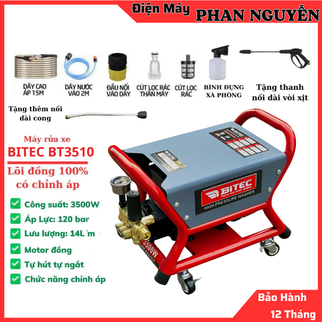 Máy rửa xe chỉnh áp BTEC BT3510 Công suất 3500w- Lõi đồng 100% Có CB chống giật