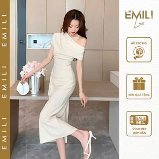 Váy body dáng bút chì Emili trễ vai, đầm dự tiệc sự kiện cách điệu chất chéo hàn sang chảnh [V154]
