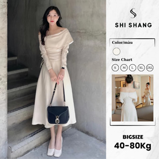 Váy Thiết Kế BIGSIZE, Đầm Nữ Dáng Dài Trễ Vai Nhún Eo Chống Nhăn Tôn Dáng Shi Shang