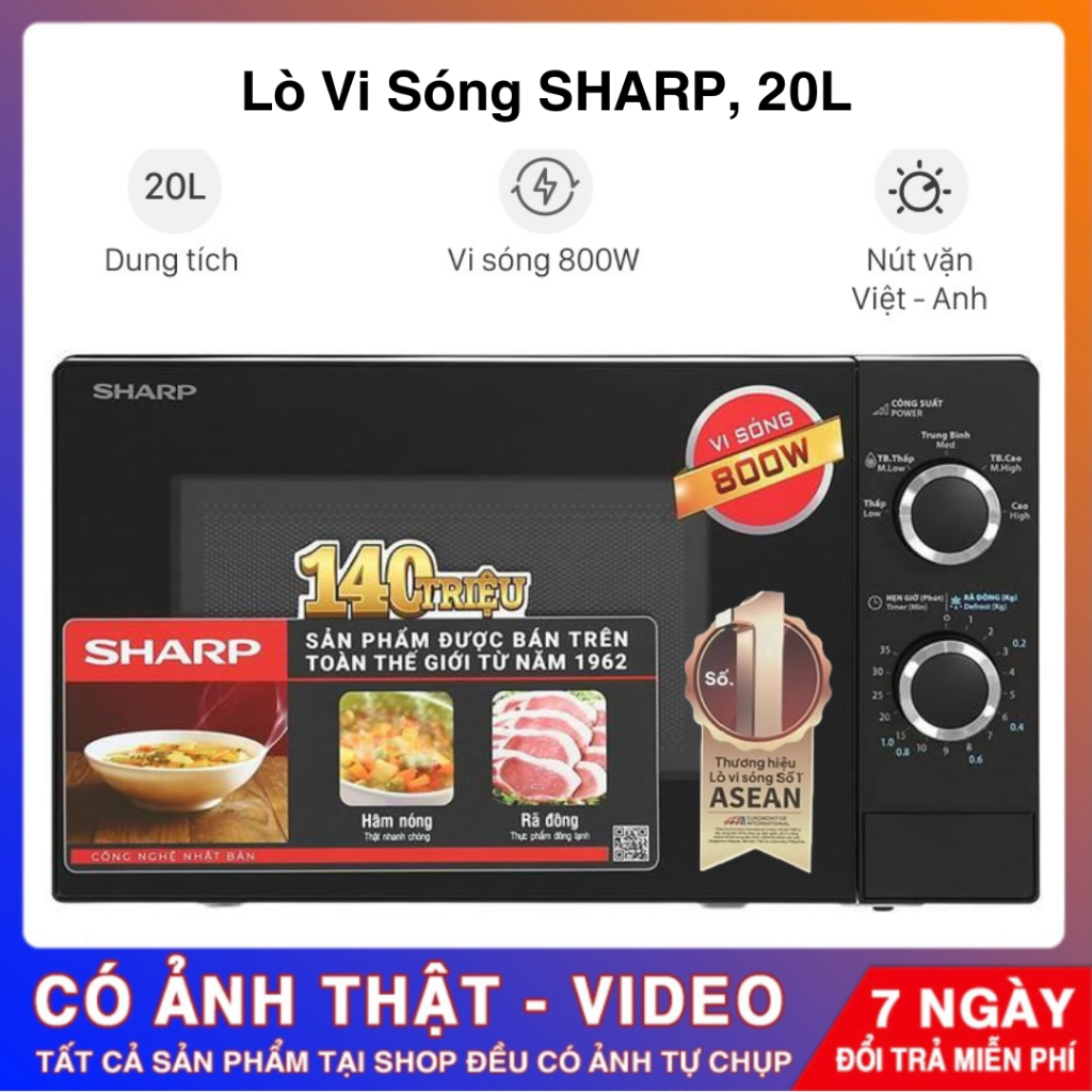 Lò Vi Sóng Sharp, Cơ, Công Suất 800W, Dung Tích 20L, Bảo Hành Chính Hãng 12 Tháng.