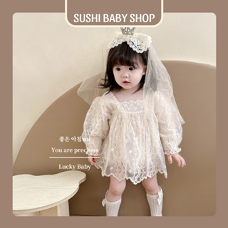  sushibabyshop Váy body ren dài tay cho bé gái bộ đồ liền thân sơ sinh váy công chúa đầm đầy tháng thôi nôi sinh nhật 
