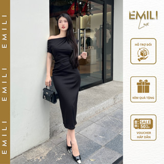 Đầm lệch vai body dáng bút chì Emili, đầm dự tiệc sự kiện cách điệu chất chéo hàn sang chảnh [V154]