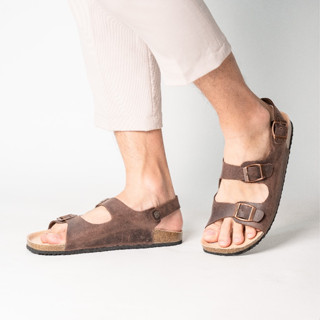 (Lót Chống Nước) Sandal Birken Đế Trấu, Dép Da Bò Unisex Nam và Nữ Thiết Kế Hai Quai Ngang Bioline - DK02
