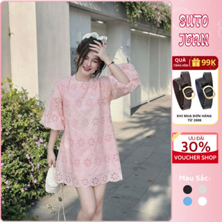 Đầm nữ babydoll chất xô ren, váy nữ tay lỡ bồng dáng suông ngắn họa tiết hoa phong cách tiểu thư Jeansuto HCOM25217