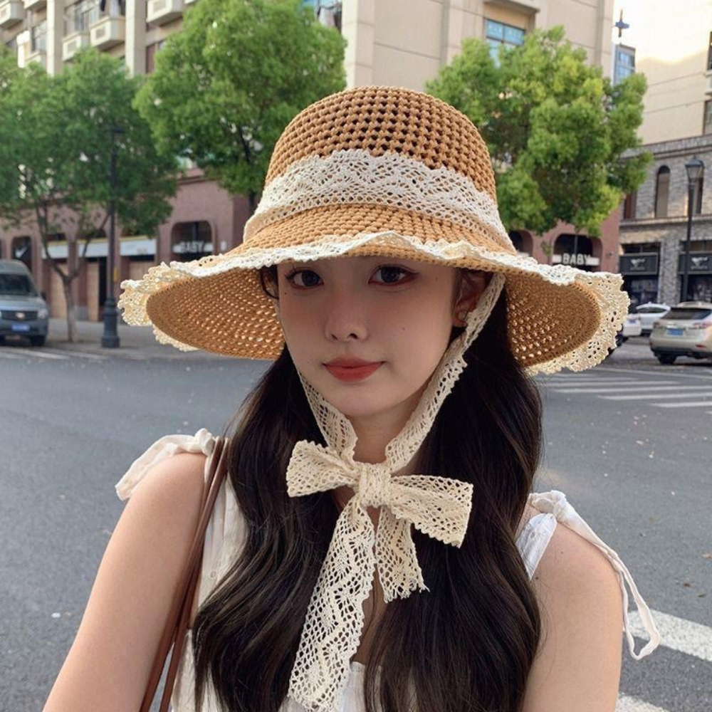 Mũ Cói Đi Biển Kahats Rộng Vành Phối Ren Xinh Xắn Cho Nữ Gấp Gọn Tiện Lợi Không Bị Mất Form | BigBuy360 - bigbuy360.vn