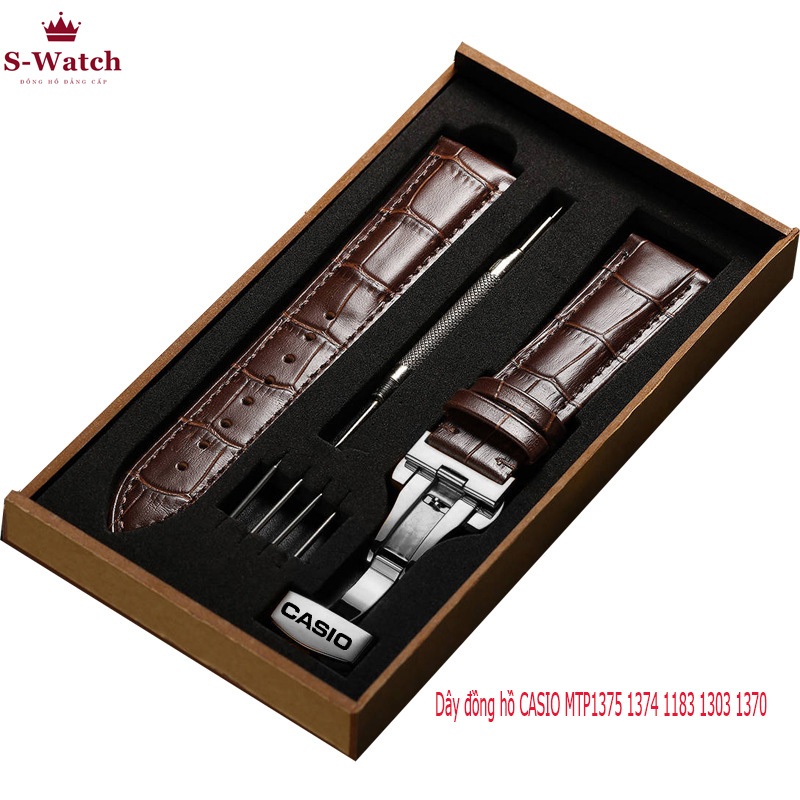 Dây đồng hồ CASIO MTP1375 1374 1183 1303 1370 da bò dập vân cá sấu khóa bướm 2 nút bấm logo CASIO[1.
