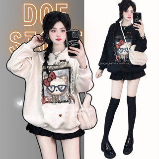 Áo nỉ hoodie có mũ hàng lót nhung cao cấp in hình mèo đeo nơ đỏ DOE STORE