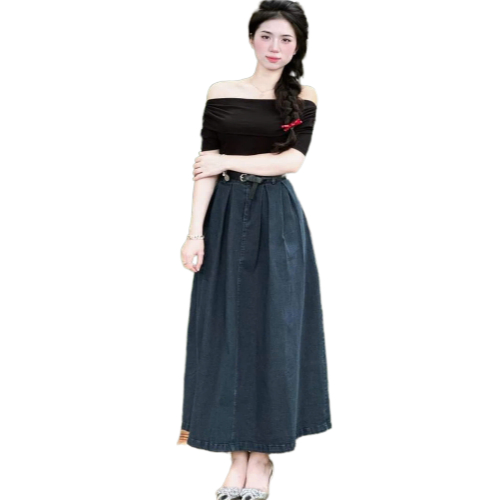 sét váy jean áo bẹt vai nhúng kèm chân váy xòe jean dài mt g