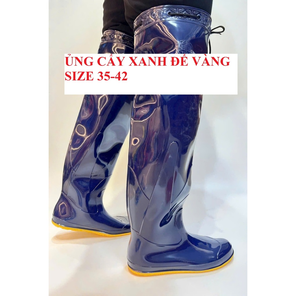 Ủng cấy dài đến gối Hoa San có dây buộc size 35-42 đế vàng cứng, ủng lội nước đến đùi, ủng đi mưa