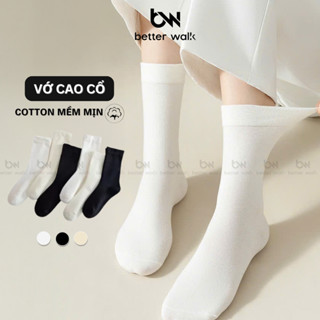 Tất Vớ Nữ Cổ Cao Trơn BETTER WALK Chất Liệu Cotton Mềm Mại Êm Ái, 3 Màu Trắng Kem Đen, Phong Cách Hàn Quốc - TH1