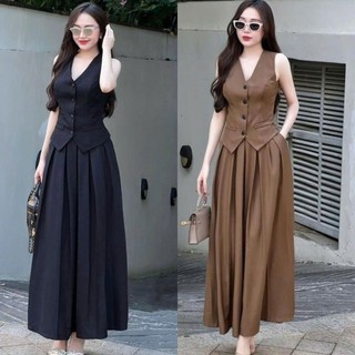  Set bộ vest mango quần dài ống rộng giả váy áo sát nách cổ V chẻ sâu giả túi kiểu thanh lịch sang trọng 