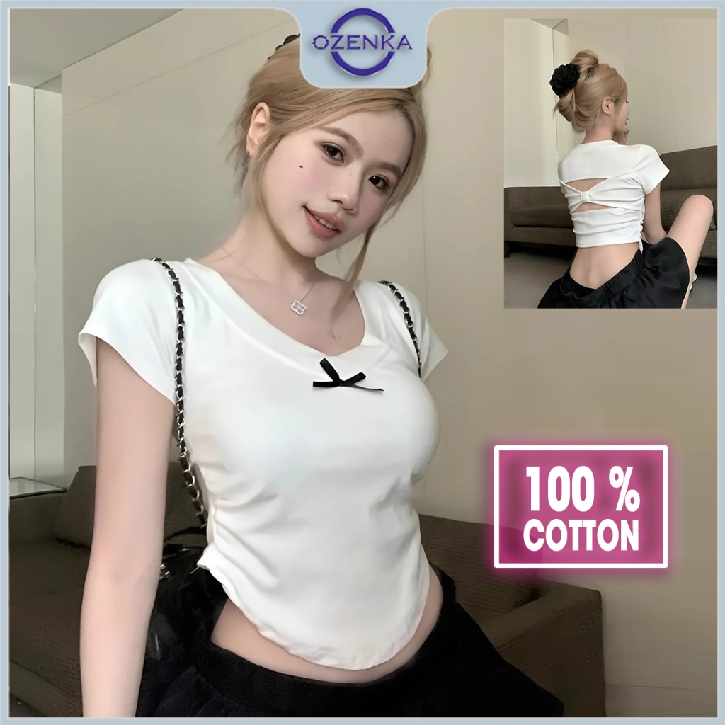 Áo baby tee croptop cổ V hở lưng nhún eo đính nơ nữ Ozenka , áo CRT kiểu ôm basic thun cotton đen tr