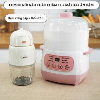 (Tặng xửng hấp) Combo nồi nấu cháo chậm 1L Beemi và máy xay ăn dặm 8L cao cấp, nồi nấu cháo cho bé kèm xửng hấp