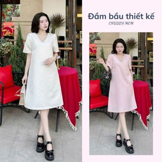 Đầm thiết kế chất liệu tafta và gấm, cổ đính đá, xinh xắn, dễ thương cho nàng bầu