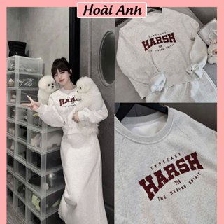 Set Bộ Đồ Nỉ Nữ HARSH Áo Nỉ Dài Tay Cổ TRòn In Chữ Mix Chân Váy Nỉ Dáng Dài Freesize
