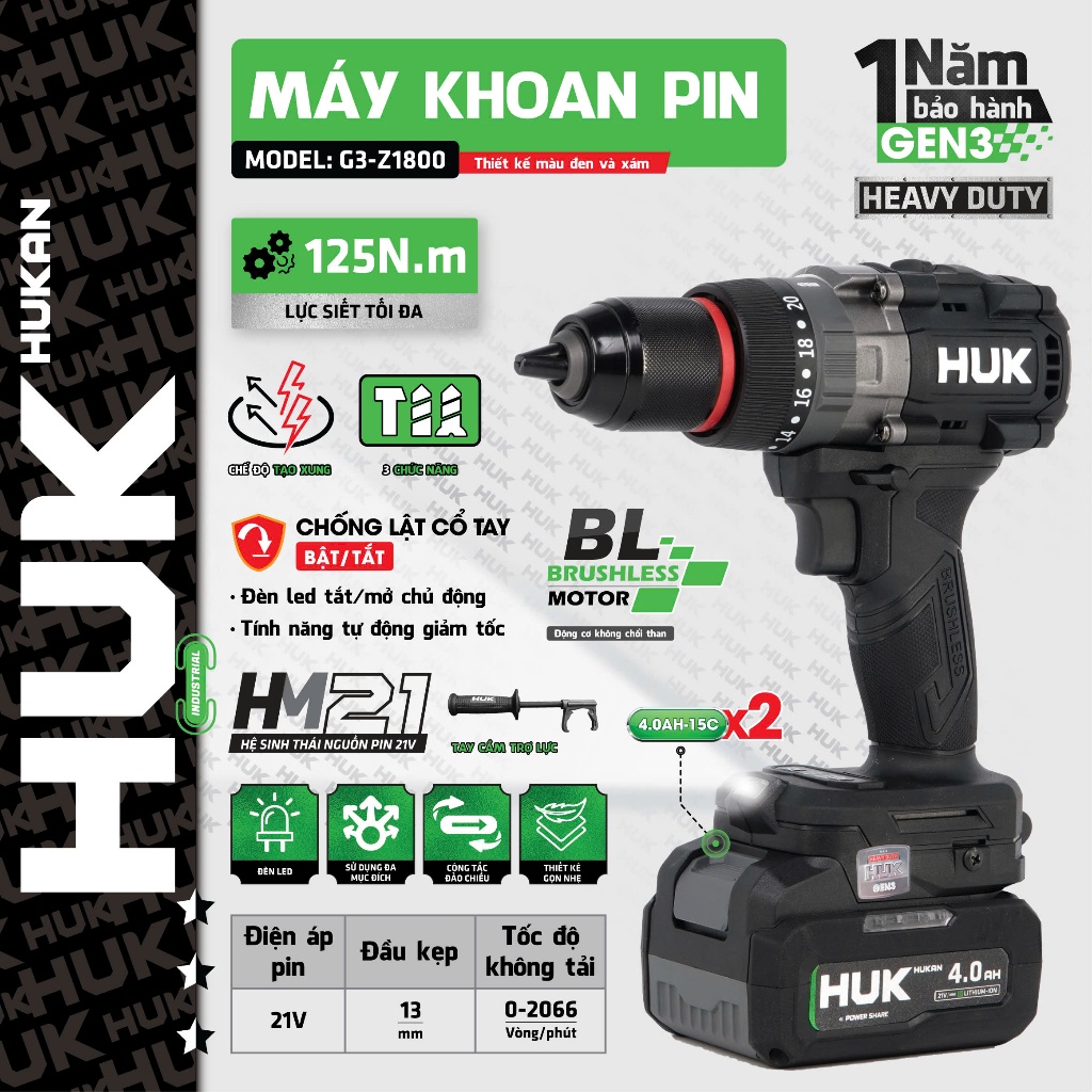 [Gen3] Khoan pin HUKAN G3- Z1800 / 3 chức năng / Tắt mở anti_kickback / Tạo xung / Lực siết 125Nm