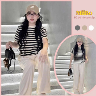  Sét đồ nữ chất cotton kẻ ngang trắng đen cổ tròn ngắn tay phối quần len tăm ống suông đồ bộ nữ sét đồ HCOM25061 miibo 
