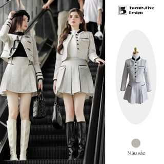 Set áo khoác nữ dáng dài tay phối cúc viền cổ đen AH107 và chân váy ngắn CH66 Twenty.Five (Tách set)