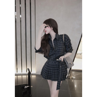 set đồ nữ áo sơ mi dài tay đóng cúc mix chân váy ngắn kèm đai thiết kế MPB TỰ MAY LẠI KẺ TÍM THAN ĐẬM LIPU