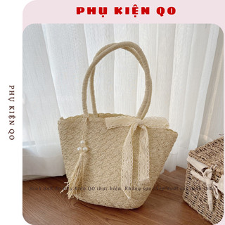 Túi Mũ Cói Vành Tròn Rộng Viền Ren, Túi Dệt Phong Cách Hàn Quốc Xinh Xắn T17