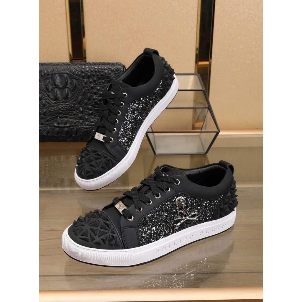 giầy slipon philipp plein nam - giày lười PP Đinh Tán Nhũ thêu đầu lâu sao đen < ảnh thật + video>