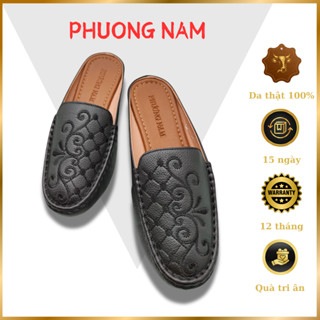  Giày Sục Nữ Trung Niên PHƯƠNG NAM  - Da Bò Mũi Tròn Hở Gót Đế 5cm Thêu Họa Tiết Uốn Lượn Cổ Điển 