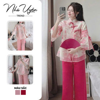  Set lam nhẹ nhàng đi lễ chùa,thiết kế áo voan họa tiết hoa babydoll tay loe thắt nơ phối quần tuyết nhung mẫu mới 2026 