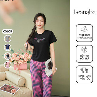 Bộ ngủ pyjama đồ mặc nhà Leanabe áo thun cotton tay cộc quần dài thô kate hàn 25T205-09