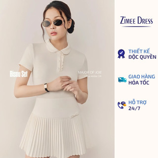  Set Áo Thun Tăm Cổ Sen Vạt Bèo Ngắn Tay Và Chân Váy Trắng Kem Xếp Ly Đính Nơ Cạp Cao Bisou Set 