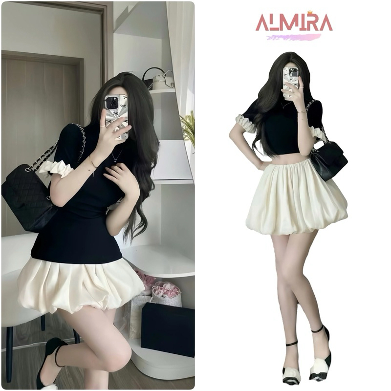 Bộ Sét Váy Nữ (T1) Gồm Áo Zip Tay Bèo + Chân Váy Bí Tơ Phồng - Almira Store Top - Women
