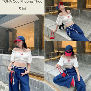 TOHA Set Áo Croptop Tay Bồng Phối Quần Suông Dài Kèm Dây Cột Eo Cá Tính Set2013