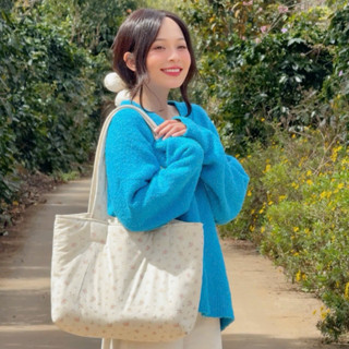 Túi Tote Đeo Vai Hồng Nhung, Túi Vải Tote Chần Bông Hoa Nhí Handmade Coquette Vintage Dễ Thương