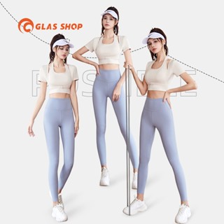 Set Tập Gym Yoga Nữ Co Giãn 4 Chiều GLASSHOP Quần Dài Kèm Áo Croptop Ngắn Tay Có Mút Ngực - GL175