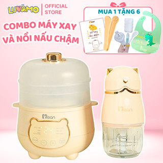 Combo máy xay 8 lưỡi và nồi nấu cháo chậm Misan 1L cho bé ăn dặm bảo hành 18 tháng, tặng kèm yếm silicon