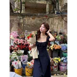 Váy Dáng Dài Linen Tay Bồng Nhún Ngực Phối Ren - Chanmii