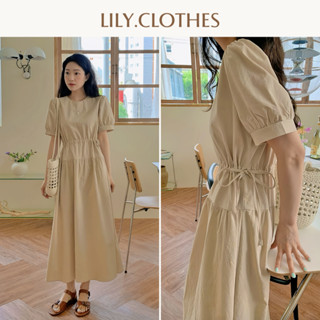 Lily.clothes- Váy midi cổ tròn tay bồng dáng dài rút eo vintage chất đũi xước/ Đầm midi nữ Suli Dress
