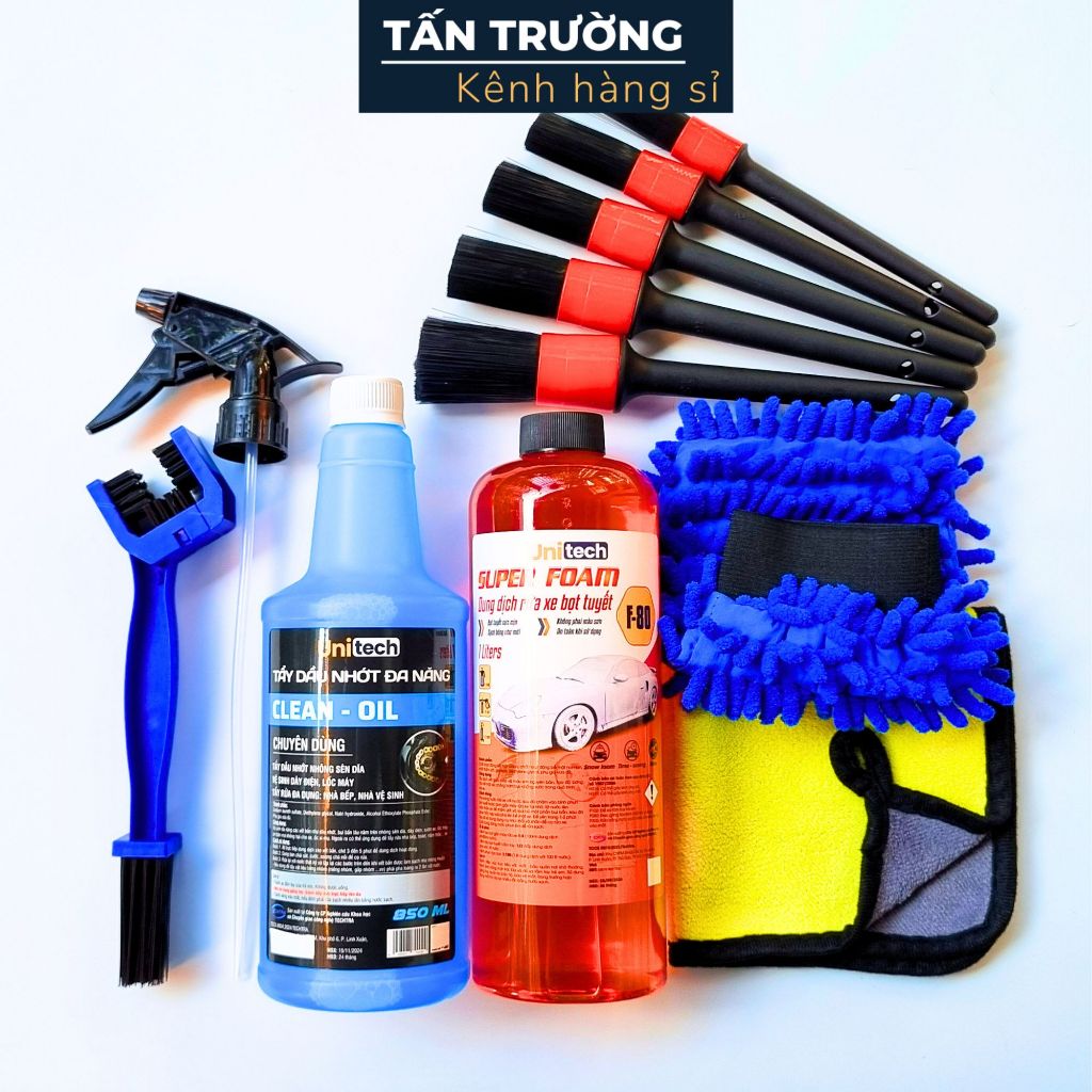 Combo 11 món phụ kiện rửa xe & rửa sên tại nhà, Nước rửa xe, tẩy đa năng, tẩy dầu nhớt, nhông sên