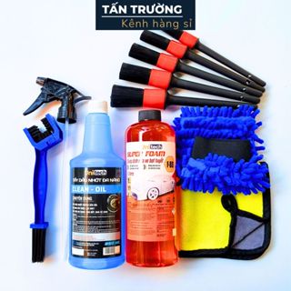 Combo 11 món phụ kiện rửa xe & rửa sên tại nhà, Nước rửa xe, tẩy đa năng, tẩy dầu nhớt, nhông sên