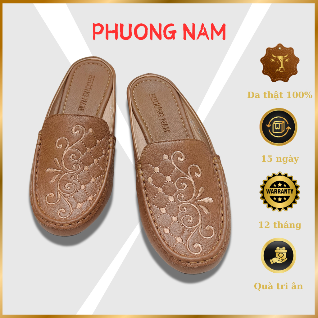 Giày Sục Nữ Trung Niên PHƯƠNG NAM Da Bò Đế 2cm - Mũi Tròn Hở Gót Hoa Văn Quý Phái Đan Xen Sang Trọng