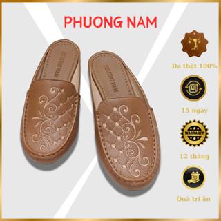 Giày Sục Nữ Trung Niên PHƯƠNG NAM Da Bò Đế 2cm - Mũi Tròn Hở Gót Hoa Văn Quý Phái Đan Xen Sang Trọng