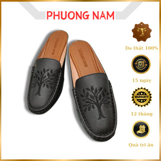 Giày Sục Nữ Trung Niên PHƯƠNG NAM - Da Bò Mũi Tròn Hở Gót Đế 2cm Thêu Họa Tiết Cây Xanh Bình An