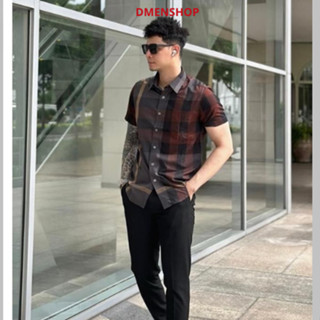 áo sơ mi nam ngắn tay sơ mi bbr  phối caro nâu đỏ chất cotton quảng chấu mẫu mới hot